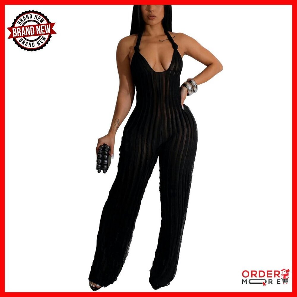 Wide Leg Halter Jumpsuit Polyester V Neck Tie Knot Pleated Boho
